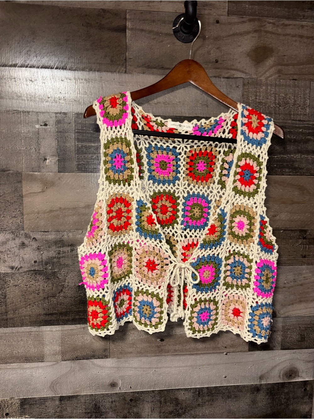 Handmade Crochet Tie Floral Vest - Cream with Multicolor Granny Squares L/XL